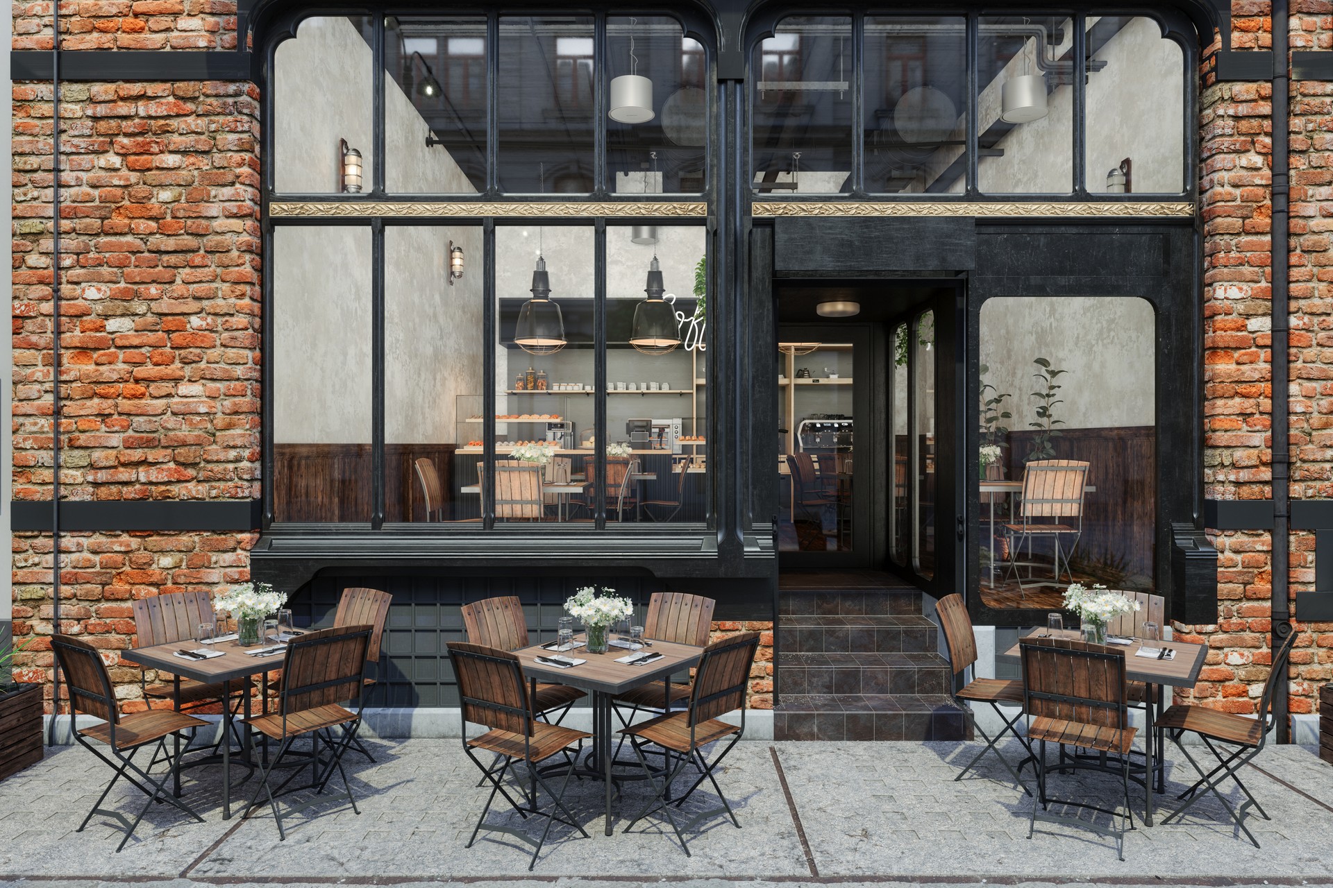 Entrance Of Coffee Shop With Tables And Chairs On Sidewalk